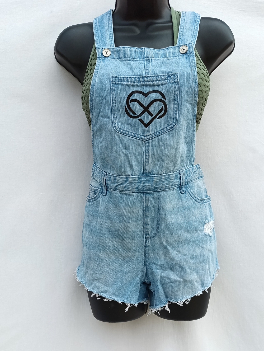 Place Light Blue Denim Short Overalls with Heart Pocket Logo